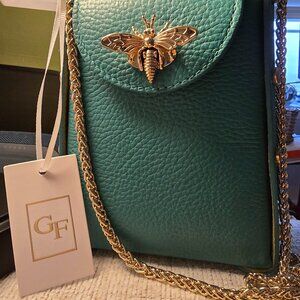 Green Leather Crossbody Bag with Gold Chain and Bee clasp